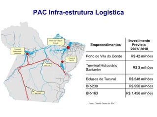 PAC Infra-estrutura Logística BR-163 Fonte: Comitê Gestor do PAC BR-230 Eclusas de Tucuruí Porto de Vila do Conde Terminal Hidroviário - Santarém Empreendimentos Investimento Previsto  2007/ 2010 Porto de Vila do Conde  R$ 42 milhões Terminal Hidroviário Santarém R$ 3 milhões Eclusas de Tucuruí  R$ 548 milhões BR-230  R$ 950 milhões BR-163 R$ 1.456 milhões 