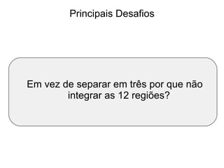 Principais Desafios Em vez de separar em três por que não integrar as 12 regiões? 