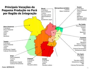 Araguaia Fruticultura Turismo Grãos Pecuária Leiteira Baixo Amazonas Fruticultura Pesca Artesanal Turismo Grãos Fibra Mandioca Carajás Fruticultura Turismo Grãos Pecuária Leiteira Guamá Fruticultura Pesca Artesanal Turismo Grãos Fibra Mandioca Pecuária Leiteira Oleiro/Cerâmica Marajó Fruticultura Pesca Artesanal Turismo Pecuária Leiteira Oleiro/Cerâmica Mel Extrativismo (açaí) Metropolitana de Belém Turismo Oleiro/ Cerâmica Rio Caetés Pesca Artesanal Turismo Grãos Fibra Mandioca Mel Rio Capim Fruticultura Grãos Fibra Pecuária Leiteira Extrativismo Vegetal Mel Culturas Permanentes Tapajós Fruticultura Pesca Artesanal Turismo Grãos Extrativismo Vegetal Culturas Permanentes Tocantins Fruticultura Fibra Mandioca Oleiro Cerâmico Extrativismo Vegetal Mel Culturas Permanentes Extrativismo (Açaí) Xingú Pesca Artesanal Turismo Grãos Extrativismo Vegetal Culturas Permanentes Principais Vocações da Pequena Produção no Pará  por Região de Integração Fonte: SEPROD-PA 