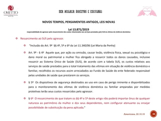 NOVOS TEMPOS, PENSAMENTOS ANTIGOS, LEIS NOVAS
Lei 13.871/2019
responsabilidade do agressor pelo ressarcimento dos custos relacionados aos serviços prestados pelo SUS às vítimas de violência doméstica
❖ Ressarcimento ao SUS pelo agressor.
❖ “Inclusão do Art. 9º §§ 4º, 5º e 6º da Lei 11.340/06 (Lei Maria da Penha)
❖ Art. 9º - § 4º Aquele que, por ação ou omissão, causar lesão, violência física, sexual ou psicológica e
dano moral ou patrimonial a mulher fica obrigado a ressarcir todos os danos causados, inclusive
ressarcir ao Sistema Único de Saúde (SUS), de acordo com a tabela SUS, os custos relativos aos
serviços de saúde prestados para o total tratamento das vítimas em situação de violência doméstica e
familiar, recolhidos os recursos assim arrecadados ao Fundo de Saúde do ente federado responsável
pelas unidades de saúde que prestarem os serviços.
❖ § 5º Os dispositivos de segurança destinados ao uso em caso de perigo iminente e disponibilizados
para o monitoramento das vítimas de violência doméstica ou familiar amparadas por medidas
protetivas terão seus custos ressarcidos pelo agressor.
❖ § 6º O ressarcimento de que tratam os §§ 4º e 5º deste artigo não poderá importar ônus de qualquer
natureza ao patrimônio da mulher e dos seus dependentes, nem configurar atenuante ou ensejar
possibilidade de substituição da pena aplicada.”
15Americana, 22.10.19
 