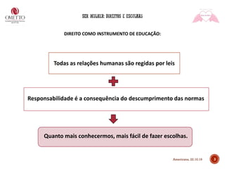 3
DIREITO COMO INSTRUMENTO DE EDUCAÇÃO:
Todas as relações humanas são regidas por leis
Responsabilidade é a consequência do descumprimento das normas
Quanto mais conhecermos, mais fácil de fazer escolhas.
Todas as relações humanas são regidas por leis
Americana, 22.10.19
 