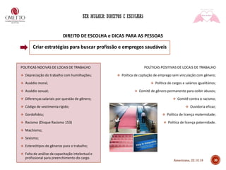 DIREITO DE ESCOLHA e DICAS PARA AS PESSOAS
Criar estratégias para buscar profissão e empregos saudáveis
POLITICAS NOCIVAS DE LOCAIS DE TRABALHO
❖ Depreciação do trabalho com humilhações;
❖ Assédio moral;
❖ Assédio sexual;
❖ Diferenças salariais por questão de gênero;
❖ Código de vestimenta rígido;
❖ Gordofobia;
❖ Racismo (Disque Racismo 153)
❖ Machismo;
❖ Sexismo;
❖ Estereótipos de gêneros para o trabalho;
❖ Falta de análise da capacitação intelectual e
profissional para preenchimento do cargo.
POLÍTICAS POSITIVAS DE LOCAIS DE TRABALHO
❖ Política de captação de emprego sem vinculação com gênero;
❖ Política de cargos e salários igualitários;
❖ Comitê de gênero permanente para coibir abusos;
❖ Comitê contra o racismo;
❖ Ouvidoria eficaz;
❖ Política de licença maternidade;
❖ Política de licença paternidade.
30Americana, 22.10.19
 