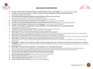 BIBLIOGRAFIA COMPLEMENTAR
❖ Youtube: Café Filosófico. Margareth Rago. Da insubmissão feminista na atualidade. https://youtu.be/gh67t3a9Mjs
❖ Youtube: TV Unesp. Unesp Ciencia. Ed. 088 – Direitos Femininos: Redescobrindo Maria Lacerda de Moura.
https://youtu.be/9hwm2RrLONs
❖ Unespciência 88: Redescobrindo Maria Lacerda de Moura: 130 anos de nascimento.
http://unespciencia.com.br/2017/08/01/direitos-fem-88/ e
http://www.unespciencia.com.br/revista/UC088/UC88_Maria_Lacerda.pdf
❖ Youtube: Canal Buenas Ideias. Eduardo Bueno. Dona Brites. https://youtu.be/e1EAiRVBfZk
❖ Youtube: Canal Caroline Busarello Bruning. Como identificar pessoas toxicas? https://youtu.be/Npiy2K5pVrM
❖ Youtube: Canal Ana Beatriz Barbosa Silva. Autosabotagem. https://youtu.be/467vtKBuKIo
❖ Youtube: Café Filosófico. Ivan Capelatto. Responsabilidade: uma virtude psíquica ou uma aquisição cultural?
https://youtu.be/oy77qdXnWf4
❖ Infográfico da violência em números 2019: http://www.forumseguranca.org.br/wp-
content/uploads/2019/09/Infografico_Anu%C3%A1rio_13_2019.pdf
❖ Reportagem: Por que Tarsila do Amaral foi uma mulher à frente do seu tempo?
https://universa.uol.com.br/noticias/redacao/2019/04/06/por-que-tarsila-do-amaral-foi-uma-mulher-a-frente-do-seu-tempo.htm
❖ Reportagem: Video de Gabriel Medina e vazamento: aula de como não tratar as mulheres
https://ninalemos.blogosfera.uol.com.br/2019/04/05/video-de-gabriel-medina-e-vazamento-aula-de-como-nao-tratar-as-mulheres/
❖ Reportagem: Atitudes que mulheres tomam para proteger desconhecidas e você não sabia
https://universa.uol.com.br/noticias/redacao/2019/03/25/parceria-de-mulheres-como-elas-se-protegem-na-rua-no-metro-e-na-
balada.htm
❖ Reportagem: 1.830 por hora. Violência à mulher no Brasil é onipresente> por conhecido, ou não, dentro ou fora de casa e em todas
as idades https://universa.uol.com.br/noticias/redacao/2019/03/25/parceria-de-mulheres-como-elas-se-protegem-na-rua-no-metro-
e-na-balada.htm
❖ Reportagem: Ciclo da violência doméstica: como identificar um relacionamento abusivo.
https://universa.uol.com.br/noticias/redacao/2018/09/01/ciclo-da-violencia-domestica-como-identificar-um-relacionamento-
abusivo.htm?cmpid=copiaecola&fbclid=IwAR3Y165JOEF-B-IpaPtWcRq9M4d2W91jyugh0EmzBg9Hx4a7ieYugytz5tc
❖ Cartilha do Namoro legal Ministério Público de São Paulo: #namorolegal
http://www.mpsp.mp.br/portal/page/portal/Cartilhas/NamoroLegal.pdf
❖ Site Precisamos falar do assedio: https://precisamosfalardoassedio.com/
❖ Filme O silêncio dos homens: https://youtu.be/NRom49UVXCE
❖ Centro de Valorização da Vida CVV: https://www.cvv.org.br/
❖ Vozes do Silêncio Carlinhos Brown https://youtu.be/OxjhqjXIzpE
35Americana, 22.10.19
 