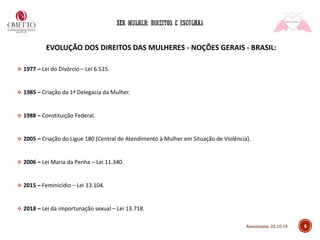 6
EVOLUÇÃO DOS DIREITOS DAS MULHERES - NOÇÕES GERAIS - BRASIL:
❖ 1977 – Lei do Divórcio – Lei 6.515.
❖ 1985 – Criação da 1ª Delegacia da Mulher.
❖ 1988 – Constituição Federal.
❖ 2005 – Criação do Ligue 180 (Central de Atendimento à Mulher em Situação de Violência).
❖ 2006 – Lei Maria da Penha – Lei 11.340.
❖ 2015 – Feminicídio – Lei 13.104.
❖ 2018 – Lei da importunação sexual – Lei 13.718.
Americana, 22.10.19
 