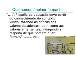 Que homem/mulher formar? “ ... A filosofia da educação deve partir do conhecimento do contexto vivido, fazendo as críticas aos valores decadentes, bem como aos valores emergentes, indagando a respeito de que homem quer formar.”  (Aranha, 1992) 