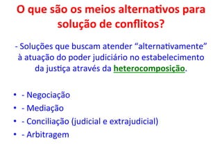 O	que	são	os	meios	alternaRvos	para	
solução	de	conﬂitos?	
	
-	Soluções	que	buscam	atender	“alterna1vamente”	
à	atuação	do	poder	judiciário	no	estabelecimento	
da	jus1ça	através	da	heterocomposição.	
•  -	Negociação	
•  -	Mediação	
•  -	Conciliação	(judicial	e	extrajudicial)	
•  -	Arbitragem	
	
 