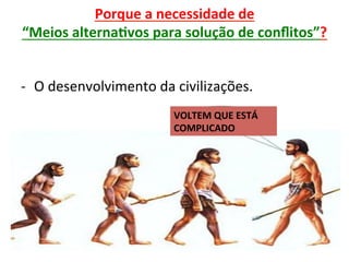 Porque	a	necessidade	de		
“Meios	alternaRvos	para	solução	de	conﬂitos”?	
	
-  O	desenvolvimento	da	civilizações.	
VOLTEM	QUE	ESTÁ	
COMPLICADO	
 