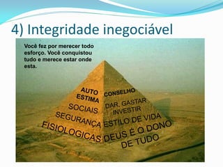 4) Integridade inegociável
  Você fez por merecer todo
  esforço. Você conquistou
  tudo e merece estar onde
  esta.
 