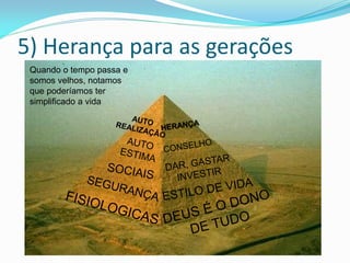 5) Herança para as gerações
 Quando o tempo passa e
 somos velhos, notamos
 que poderíamos ter
 simplificado a vida
 