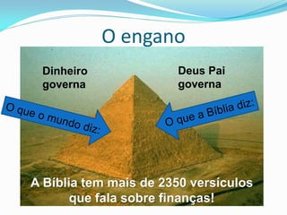 O engano
 Dinheiro              Deus Pai
 governa               governa




A Bíblia tem mais de 2350 versículos
       que fala sobre finanças!
 