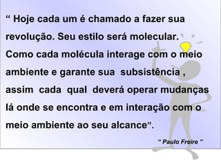 “ Hoje cada um é chamado a fazer sua
revolução. Seu estilo será molecular.
Como cada molécula interage com o meio
ambiente e garante sua subsistência ,
assim cada qual deverá operar mudanças
lá onde se encontra e em interação com o
meio ambiente ao seu alcance”.
                                 “ Paulo Freire ”
 