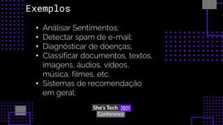 • Análisar Sentimentos;
• Detectar spam de e-mail;
• Diagnósticar de doenças;
• Classificar documentos, textos,
imagens, áudios, vídeos,
música, filmes, etc.
• Sistemas de recomendação
em geral;
Exemplos
 