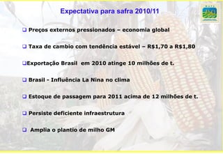 Expectativa para safra 2010/11

 Preços externos pressionados – economia global


 Taxa de cambio com tendência estável – R$1,70 a R$1,80


Exportação Brasil em 2010 atinge 10 milhões de t.


 Brasil - Influência La Nina no clima


 Estoque de passagem para 2011 acima de 12 milhões de t.


 Persiste deficiente infraestrutura


 Amplia o plantio de milho GM
 