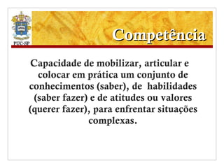 Competência Capacidade de mobilizar, articular e colocar em prática um conjunto de conhecimentos (saber), de  habilidades (saber fazer) e de atitudes ou valores (querer fazer), para enfrentar situações complexas. 