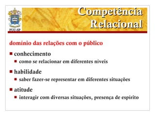 Competência Relacional domínio das relações com o público conhecimento como se relacionar em diferentes níveis habilidade saber fazer-se representar em diferentes situações atitude interagir com diversas situações, presença de espírito 