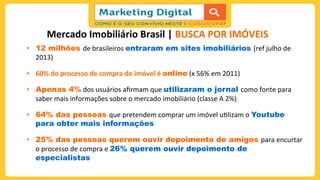 Mercado	
  Imobiliário	
  Brasil	
  |	
  BUSCA	
  POR	
  IMÓVEIS	
  
•  12 milhões de	
  brasileiros	
  entraram em sites imobiliários (ref	
  julho	
  de	
  
2013)	
  
•  60%	
  do	
  processo	
  de	
  compra	
  do	
  imóvel	
  é	
  online	
  (x	
  56%	
  em	
  2011)	
  
•  Apenas 4%	
  dos	
  usuários	
  aﬁrmam	
  que	
  utilizaram o jornal como	
  fonte	
  para	
  
saber	
  mais	
  informações	
  sobre	
  o	
  mercado	
  imobiliário	
  (classe	
  A	
  2%)	
  
•  64% das pessoas que	
  pretendem	
  comprar	
  um	
  imóvel	
  u;lizam	
  o	
  Youtube
para obter mais informações
•  25% das pessoas querem ouvir depoimento de amigos para	
  encurtar	
  
o	
  processo	
  de	
  compra	
  e	
  26% querem ouvir depoimento de
especialistas
 
