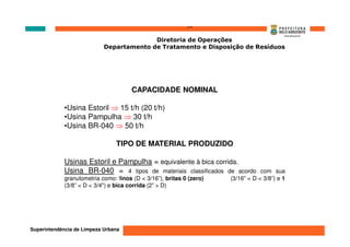 ‘’’’
                                          Diretoria de Operações
                            Departamento de Tratamento e Disposição de Resíduos




                                       CAPACIDADE NOMINAL

             •Usina Estoril ⇒ 15 t/h (20 t/h)
             •Usina Pampulha ⇒ 30 t/h
             •Usina BR-040 ⇒ 50 t/h

                                 TIPO DE MATERIAL PRODUZIDO

             Usinas Estoril e Pampulha = equivalente à bica corrida.
             Usina BR-040 = 4 tipos de materiais classificados de acordo          com sua
             granulometria como: finos (D < 3/16”), britas 0 (zero)   (3/16” < D < 3/8”) e 1
             (3/8” < D < 3/4") e bica corrida (2” > D)




Superintendência de Limpeza Urbana
 
