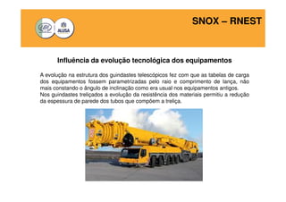 SNOX – RNEST 
Influência da evolução tecnológica dos equipamentos 
A evolução na estrutura dos guindastes telescópicos fez com que as tabelas de carga 
dos equipamentos fossem parametrizadas pelo raio e comprimento de lança, não 
mais constando o ângulo de inclinação como era usual nos equipamentos antigos. 
Nos guindastes treliçados a evolução da resistência dos materiais permitiu a redução 
da espessura de parede dos tubos que compõem a treliça. 
 