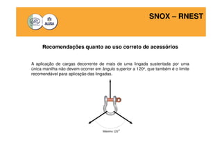 SNOX – RNEST 
Recomendações quanto ao uso correto de acessórios 
A aplicação de cargas decorrente de mais de uma lingada sustentada por uma 
única manilha não devem ocorrer em ângulo superior a 120o, que também é o limite 
recomendável para aplicação das lingadas. 
 