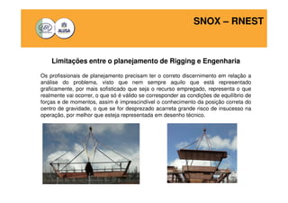 SNOX – RNEST 
Limitações entre o planejamento de Rigging e Engenharia 
Os profissionais de planejamento precisam ter o correto discernimento em relação a 
análise do problema, visto que nem sempre aquilo que está representado 
graficamente, por mais sofisticado que seja o recurso empregado, representa o que 
realmente vai ocorrer, o que só é válido se corresponder as condições de equilíbrio de 
forças e de momentos, assim é imprescindível o conhecimento da posição correta do 
centro de gravidade, o que se for desprezado acarreta grande risco de insucesso na 
operação, por melhor que esteja representada em desenho técnico. 
 