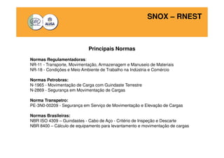 SNOX – RNEST 
Principais Normas 
Normas Regulamentadoras: 
NR-11 - Transporte, Movimentação, Armazenagem e Manuseio de Materiais 
NR-18 - Condições e Meio Ambiente de Trabalho na Indústria e Comércio 
Normas Petrobras: 
N-1965 - Movimentação de Carga com Guindaste Terrestre 
N-2869 - Segurança em Movimentação de Cargas 
Norma Transpetro: 
PE-3N0-00209 - Segurança em Serviço de Movimentação e Elevação de Cargas 
Normas Brasileiras: 
NBR ISO 4309 – Guindastes - Cabo de Aço - Critério de Inspeção e Descarte 
NBR 8400 – Cálculo de equipamento para levantamento e movimentação de cargas 
 