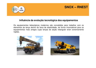 SNOX – RNEST 
Influência da evolução tecnológica dos equipamentos 
Os equipamentos telescópicos modernos são concebidos para trabalhar com os 
elementos da lança dentro da faixa de elasticidade, de forma inconcebível para os 
equipamentos mais antigos cujas lanças de seção retangular eram extremamente 
rígidas. 
 