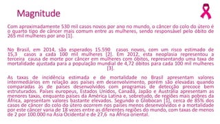 Magnitude
Com aproximadamente 530 mil casos novos por ano no mundo, o câncer do colo do útero é
o quarto tipo de câncer mais comum entre as mulheres, sendo responsável pelo óbito de
265 mil mulheres por ano [1].
No Brasil, em 2014, são esperados 15.590 casos novos, com um risco estimado de
15,3 casos a cada 100 mil mulheres [2]. Em 2012, esta neoplasia representou a
terceira causa de morte por câncer em mulheres com óbitos, representando uma taxa de
mortalidade ajustada para a população mundial de 4,72 óbitos para cada 100 mil mulheres
[3].
As taxas de incidência estimada e de mortalidade no Brasil apresentam valores
intermediários em relação aos países em desenvolvimento, porém são elevadas quando
comparadas às de países desenvolvidos com programas de detecção precoce bem
estruturados. Países europeus, Estados Unidos, Canadá, Japão e Austrália apresentam as
menores taxas, enquanto países da América Latina e, sobretudo, de regiões mais pobres da
África, apresentam valores bastante elevados. Segundo o Globocan [1], cerca de 85% dos
casos de câncer do colo do útero ocorrem nos países menos desenvolvidos e a mortalidade
por este câncer varia de 18 vezes entre as diferentes regiões do mundo, com taxas de menos
de 2 por 100.000 na Ásia Ocidental e de 27,6 na África oriental.
 