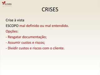 CRISESCrise à vistaRECURSOS sobrecarregados.Opções:- Reduzir o escopo;- Negociar prazos;- Fasear o projeto;- Contratar;- Usar freelas.