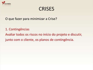 CRISESCrise à vistaPOSITIVA O projeto deu certo e o servidor não aguenta.NEGATIVAEstouramos o prazo demais! O anúncio offline já estásendo veiculado.