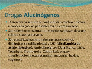 Drogas Alucinógenos
 Distorcem os sentido se confundem o cérebro e afetam
  a concentração, os pensamentos e a comunicação.
 São substâncias naturais ou sintéticas capazes de atuar
  sobre o sistema nervoso.
 São classificadas como substancias psicoativas
  dislépticas (modificadoras) : LSD (dietilamida do
  ácido lisérgico); Anticolinérgicos (Saia Branca, Lírio,
  Trombeta, Trombeteira, Zabumba); ecstasy
  (metilenodioximetanfetamina); maconha; haxixe;
  cogumelo
 
