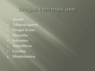 1. Álcool
2. Tabaco(cigarro)
3. Drogas licitas
4. Maconha
5. Solventes
6. Ansiolíticos
7. Cocaína
8. Metafetamina
 