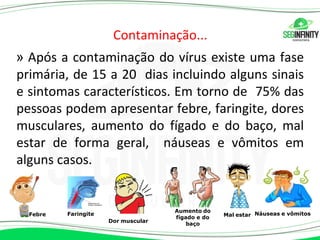 Contaminação...
» Após a contaminação do vírus existe uma fase
primária, de 15 a 20 dias incluindo alguns sinais
e sintomas característicos. Em torno de 75% das
pessoas podem apresentar febre, faringite, dores
musculares, aumento do fígado e do baço, mal
estar de forma geral, náuseas e vômitos em
alguns casos.
Febre
Dor muscular
Mal estar Náuseas e vômitos
Faringite
Aumento do
fígado e do
baço
 