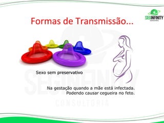 Formas de Transmissão...
Sexo sem preservativo
Na gestação quando a mãe está infectada.
Podendo causar cegueira no feto.
 