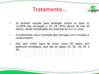 Tratamento...
• Já existem vacinas para proteção contra os tipos 6,
11(90% das verrugas) e 16, 18 (70% câncer de colo de
útero), sendo ministradas em meninas de 9 a 11 anos.
• O tratamento visa a remoção das verrugas com cirurgias e
cauterizações.
• Dos cem (100) tipos de vírus, cinco (5) deles tem
potencial oncológico, que são as cepas 14, 16, 18, 45 e
56.
 