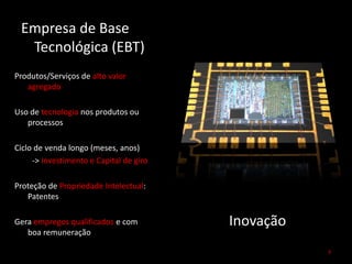 Empresa de Base Tecnológica (EBT)Produtos/Serviços de alto valor agregadoUso de tecnologia nos produtos ou processosCiclo de venda longo (meses, anos)-> Investimento e Capital de giroProteção de Propriedade Intelectual: PatentesGera empregos qualificados e com boa remuneraçãoInovação3