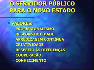 O SERVIDOR PÚBLICO
PARA O NOVO ESTADO

s   VALORES:
    – PROFISSIONALISMO
    – RESPONSABILIDADE
    – APREDIZAGEM CONTÍNUA
    – CRIATIVIDADE
    – RESPEITO ÀS DIFERENÇAS
    – COOPERAÇÃO
    – CONHECIMENTO
 