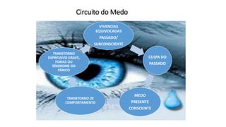 Circuito do Medo
VIVENCIAS
EQUIVOCADAS
PASSADO/
SUBCONSCIENTE
CULPA DO
PASSADO
MEDO
PRESENTE
CONSCIENTE
TRANSTORNO DE
COMPORTAMENTO
TRANSTORNO
DEPRESSIVO GRAVE,
FOBIAS OU
SÍNDROME DO
PÂNICO
 
