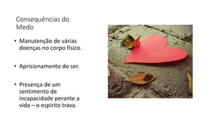 Consequências do
Medo
• Manutenção de várias
doenças no corpo físico.
• Aprisionamento do ser.
• Presença de um
sentimento de
incapacidade perante a
vida – o espírito trava.
 