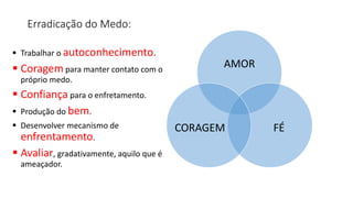 Erradicação do Medo:
AMOR
FÉCORAGEM
 Trabalhar o autoconhecimento.
 Coragem para manter contato com o
próprio medo.
 Confiança para o enfretamento.
 Produção do bem.
 Desenvolver mecanismo de
enfrentamento.
 Avaliar, gradativamente, aquilo que é
ameaçador.
 