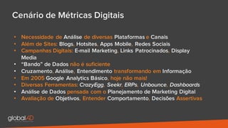 Cenário de Métricas Digitais
• Necessidade de Análise de diversas Plataformas e Canais
• Além de Sites: Blogs, Hotsites, Apps Mobile, Redes Sociais
• Campanhas Digitais: E-mail Marketing, Links Patrocinados, Display
Media
• “Bando” de Dados não é suficiente
• Cruzamento, Análise, Entendimento transformando em Informação
• Em 2005 Google Analytics Básico, hoje não mais!
• Diversas Ferramentas: CrazyEgg, Seekr, ERPs, Unbounce, Dashboards
• Análise de Dados pensada com o Planejamento de Marketing Digital
• Avaliação de Objetivos, Entender Comportamento, Decisões Assertivas
 