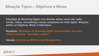 Situação Típica – Objetivos e Metas
Estratégia de Marketing Digital com diversas Ações como: site, redes
sociais, vídeos, remarketing e outras campanhas de mídia digital. Ninguém
definiu os Objetivos, Metas e Indicadores.
Resultado: Estratégias de Marketing Digital desconectada com pouco
efeito e resultado. “Incendiou a verba”!
Solução: Conectar as Métricas com Planejamento
 