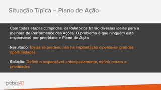 Situação Típica – Plano de Ação
Com todas etapas cumpridas, os Relatórios trarão diversas ideias para a
melhora de Performance das Ações. O problema é que ninguém está
responsável por prioridade e Plano de Ação
Resultado: Ideias se perdem, não há implantação e perde-se grandes
oportunidades
Solução: Definir o responsável antecipadamente, definir prazos e
prioridades
 