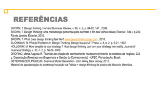 REFERÊNCIAS
BROWN, T. Design thinking. Harvard Business Review, v. 86, n. 6, p. 84-92, 141., 2008.
BROWN, T. Design Thinking: uma metodologia poderosa para decretar o fim das velhas idéias (Elsevier, Eds.). p.249.
Rio de Janeiro: Elsevier, 2010.
BROWN, T. What does design thinking feel like? www.designthinking.ideo.com , 2010.
BUCHANAN, R. Wicked Problems in Design Thinking. Design Issues MIT Press, v. 8, n. 2, p. 5-21, 1992.
HOLLOWAY, M. How tangible is your strategy ? How design thinking can turn your strategy into reality. Journal of
Business Strategy, v. 30, n. 2, p. 50-56, 2009.
OROFINO, Maria Augusta R. Técnicas de criação do conhecimento no desenvolvimento de modelos de negócio. 223
p. Dissertação (Mestrado em Engenharia e Gestão do Conhecimento) - UFSC, Florianópolis, Brasil.
OSTERWALDER; PIGNEUR. Business Model Generation. John Wiley, New Jersey, 2010.
Material de apresentação do workshop Inovação na Prática + design thinking de autoria de Mauricio Manhães.
 