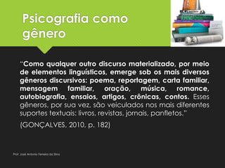 Psicografia como
gênero
“Como qualquer outro discurso materializado, por meio
de elementos linguísticos, emerge sob os mais diversos
gêneros discursivos: poema, reportagem, carta familiar,
mensagem familiar, oração, música, romance,
autobiografia, ensaios, artigos, crônicas, contos. Esses
gêneros, por sua vez, são veiculados nos mais diferentes
suportes textuais: livros, revistas, jornais, panfletos.”
(GONÇALVES, 2010, p. 182)
Prof. José Antonio Ferreira da Silva
 