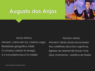 Augusto dos Anjos
Homo Infimus
Homem, carne sem luz, criatura cega,
Realidade geográfica infeliz,
O universo calado te renega
E a tua própria boca te maldiz!
Homem-célula
Homem! célula ainda escravizada
Nos turbilhões das lutas cognitivas,
Egressa do arsenal de forças vivas
Que chamamos – estática do Nada.
Prof. José Antonio Ferreira da Silva
 