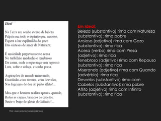 Em Ideal:
Beleza (substantivo) rima com Natureza
(substantivo): rima pobre
Ansioso (adjetivo) rima com Gozo
(substantivo): rima rica
Acesa (verbo) rima com Presa
(adjetivo): rima rica
Tenebroso (adjetivo) rima com Repouso
(substantivo): rima rica
Miserando (adjetivo) rima com Quando
(advérbio): rima rica
Desvelos (substantivo) rima com
Cabelos (substantivo): rima pobre
Aflito (adjetivo) rima com Infinito
(substantivo): rima rica
Prof. José Antonio Ferreira da Silva
 