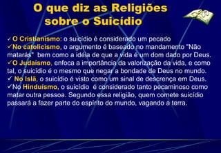 O que diz as Religiões
          sobre o Suicídio
O   Cristianismo: o suicídio é considerado um pecado
No catolicismo, o argumento é baseado no mandamento "Não
matarás" bem como a idéia de que a vida é um dom dado por Deus.
O Judaísmo, enfoca a importância da valorização da vida, e como
tal, o suicídio é o mesmo que negar a bondade de Deus no mundo.
 No Islã, o suicídio é visto como um sinal de descrença em Deus.
No Hinduísmo, o suicídio é considerado tanto pecaminoso como
matar outra pessoa. Segundo essa religião, quem comete suicídio
passará a fazer parte do espírito do mundo, vagando a terra.
 