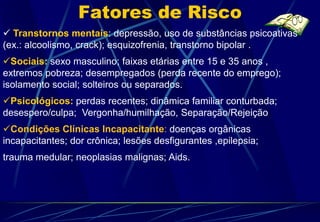 Fatores de Risco
 Transtornos mentais: depressão, uso de substâncias psicoativas
(ex.: alcoolismo, crack); esquizofrenia, transtorno bipolar .
Sociais: sexo masculino; faixas etárias entre 15 e 35 anos ,
extremos pobreza; desempregados (perda recente do emprego);
isolamento social; solteiros ou separados.
Psicológicos: perdas recentes; dinâmica familiar conturbada;
desespero/culpa; Vergonha/humilhação, Separação/Rejeição
Condições Clínicas Incapacitante: doenças orgânicas
incapacitantes; dor crônica; lesões desfigurantes ,epilepsia;
trauma medular; neoplasias malignas; Aids.
 