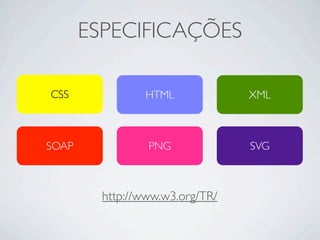 ESPECIFICAÇÕES
CSS HTML
PNG
XML
SOAP SVG
http://www.w3.org/TR/
 