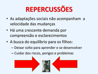 REPERCUSSÕESAs adaptações sociais não acompanham  a velocidade das mudançasHá uma crescente demanda por compreensão e esclarecimentosA busca do equilíbrio para os filhos:Deixar solto para aprender e se desenvolverCuidar dos riscos, perigos e problemas